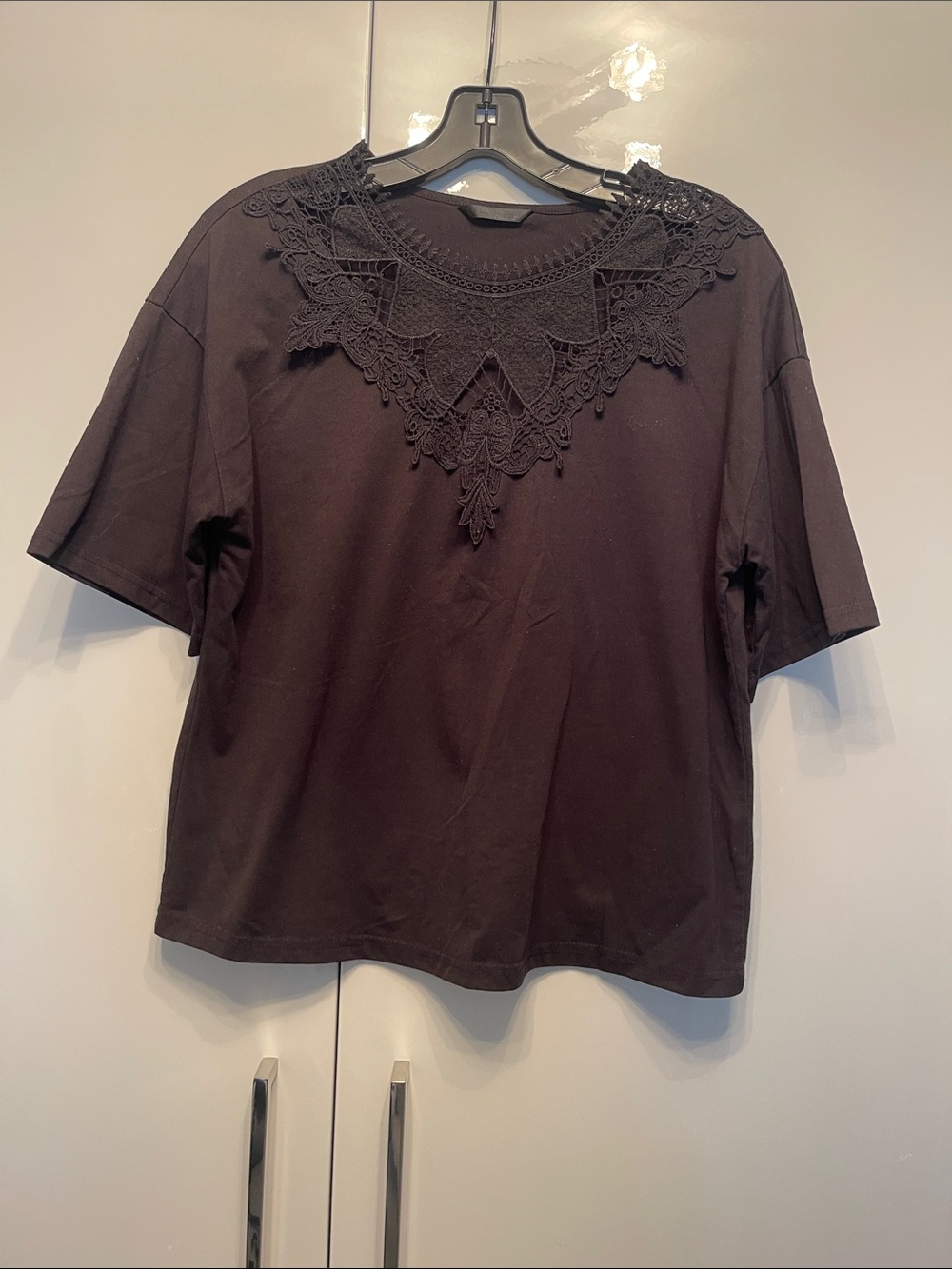 SHEIN Black Short Sleeve Top with Lace Yoke